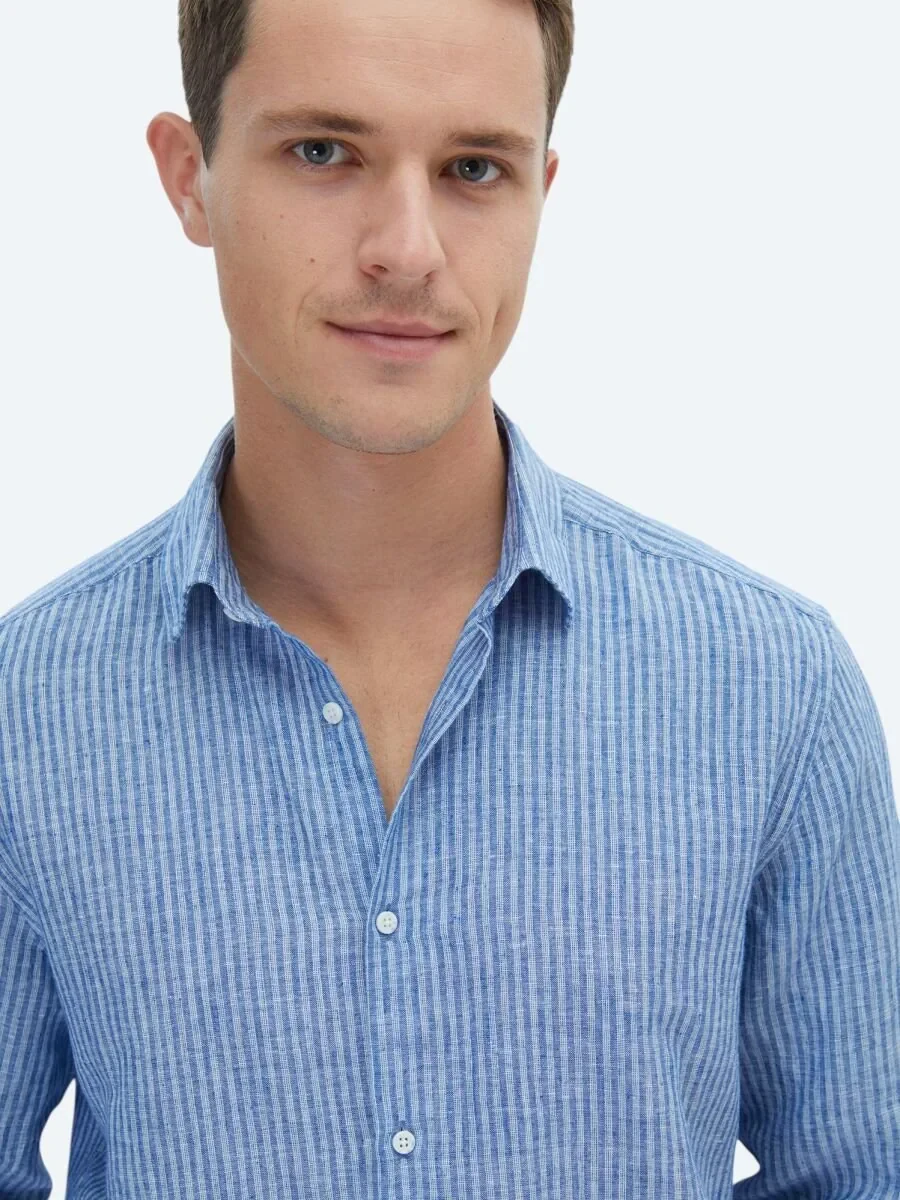 Navy Blue Striped Regular Fit Weaving Casual Cotton Blended Shirt - 4