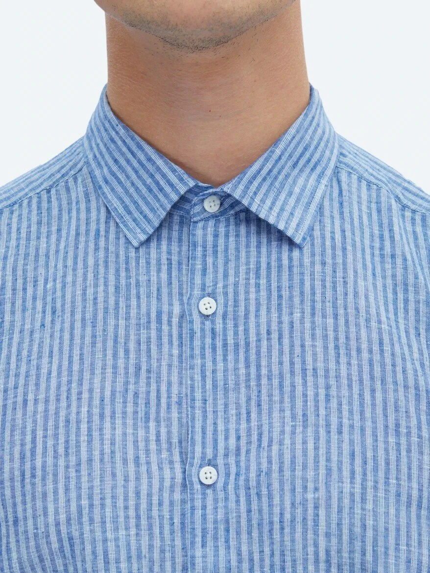 Navy Blue Striped Regular Fit Weaving Casual Cotton Blended Shirt - 5