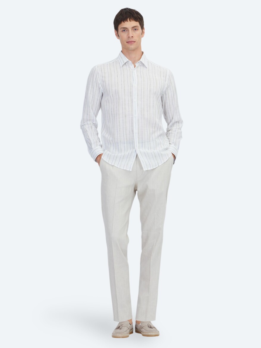 Navy Blue Striped Regular Fit Weaving Casual Cotton Blended Shirt - 2