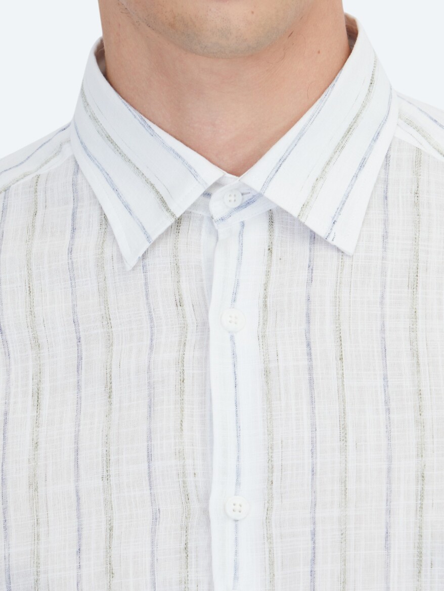 Navy Blue Striped Regular Fit Weaving Casual Cotton Blended Shirt - 4