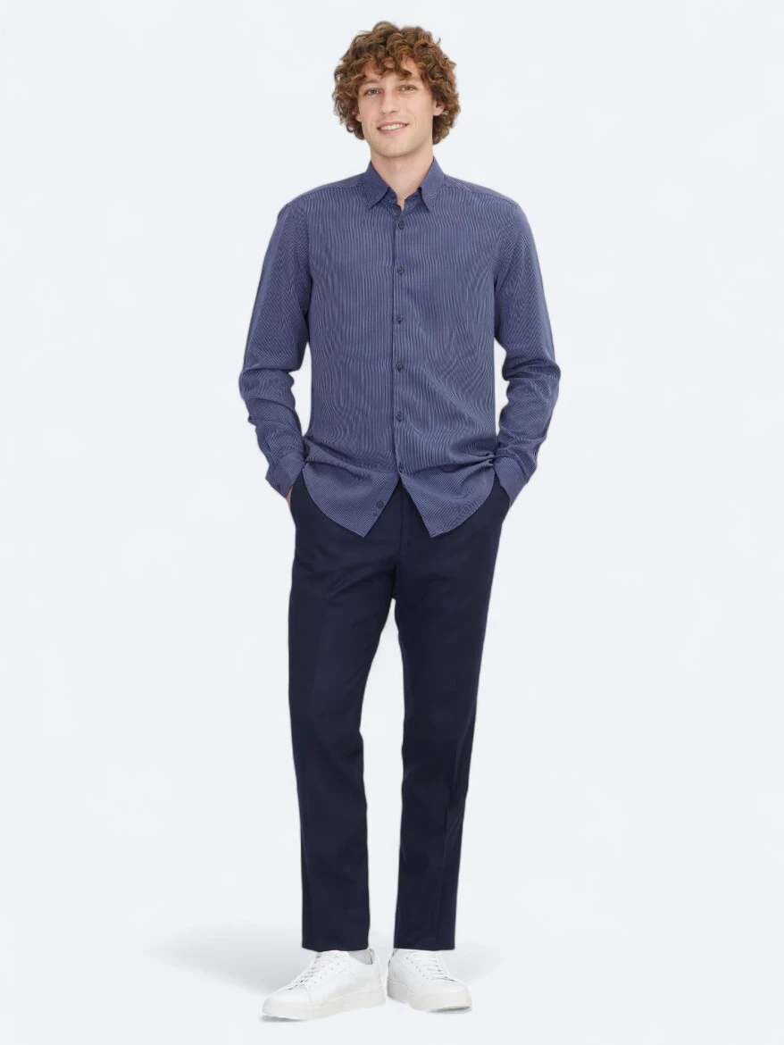 Navy Blue Striped Regular Fit Weaving Casual Shirt - 2