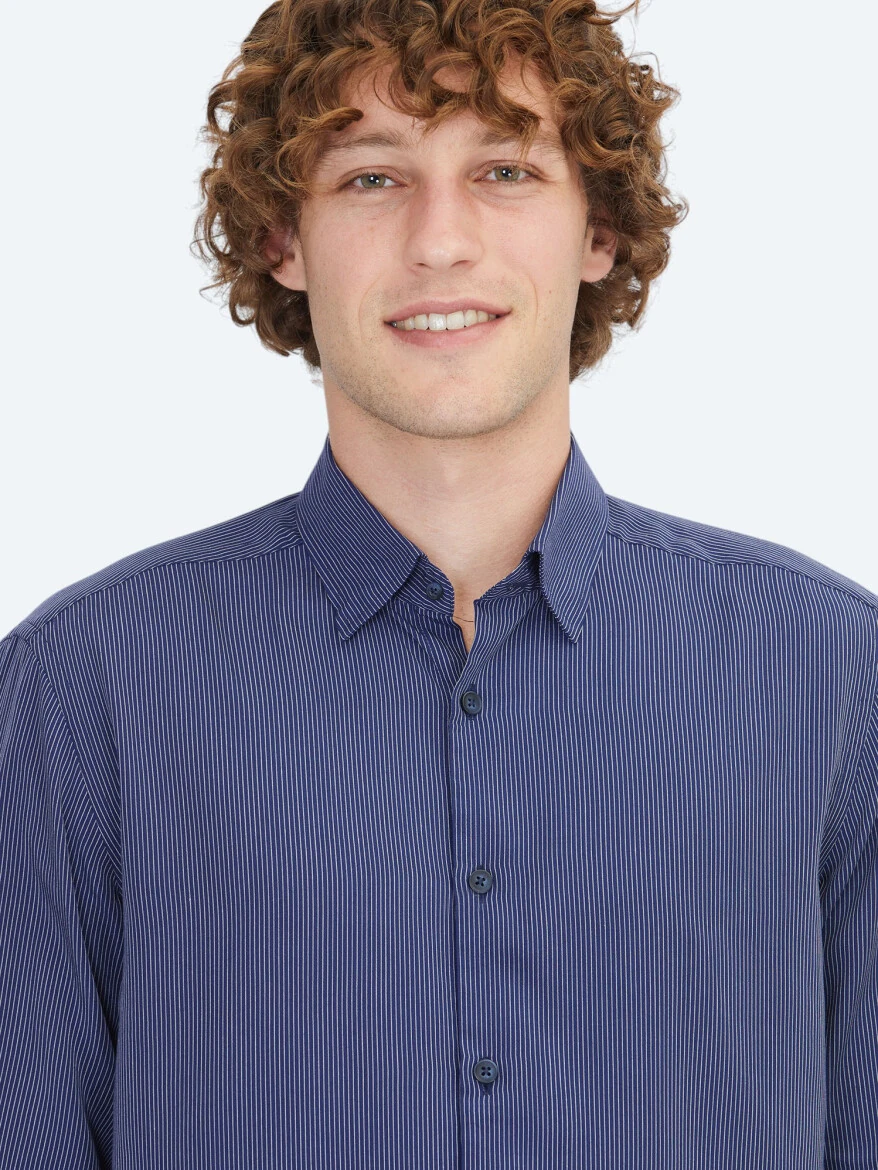 Navy Blue Striped Regular Fit Weaving Casual Shirt - 3