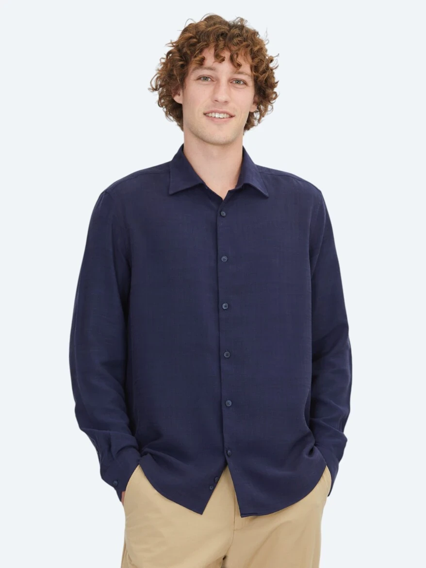 Navy Blue Striped Regular Fit Weaving Casual Shirt - 1