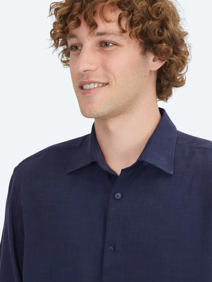 Navy Blue Striped Regular Fit Weaving Casual Shirt - 3