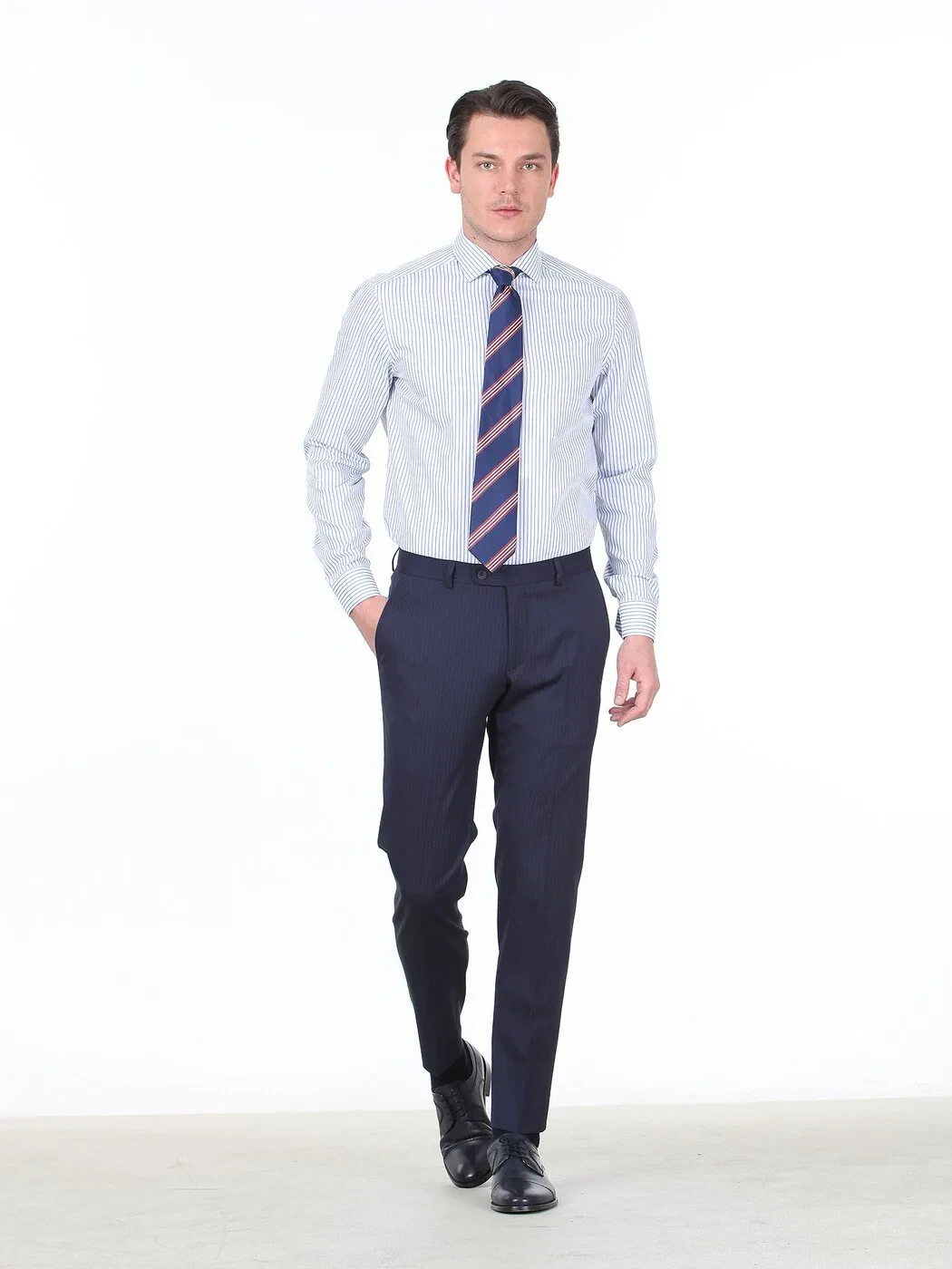 Navy Blue Striped Regular Fit Weaving Classical 100% Cotton Shirt - 3