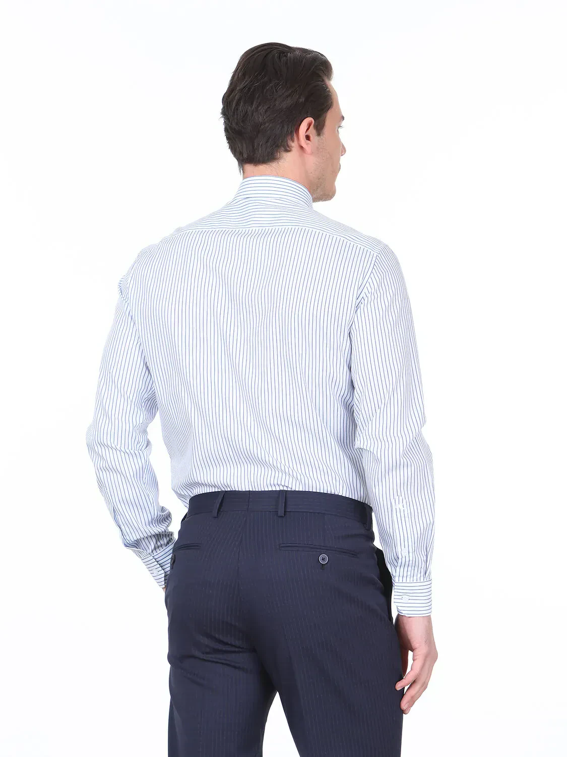 Navy Blue Striped Regular Fit Weaving Classical 100% Cotton Shirt - 4