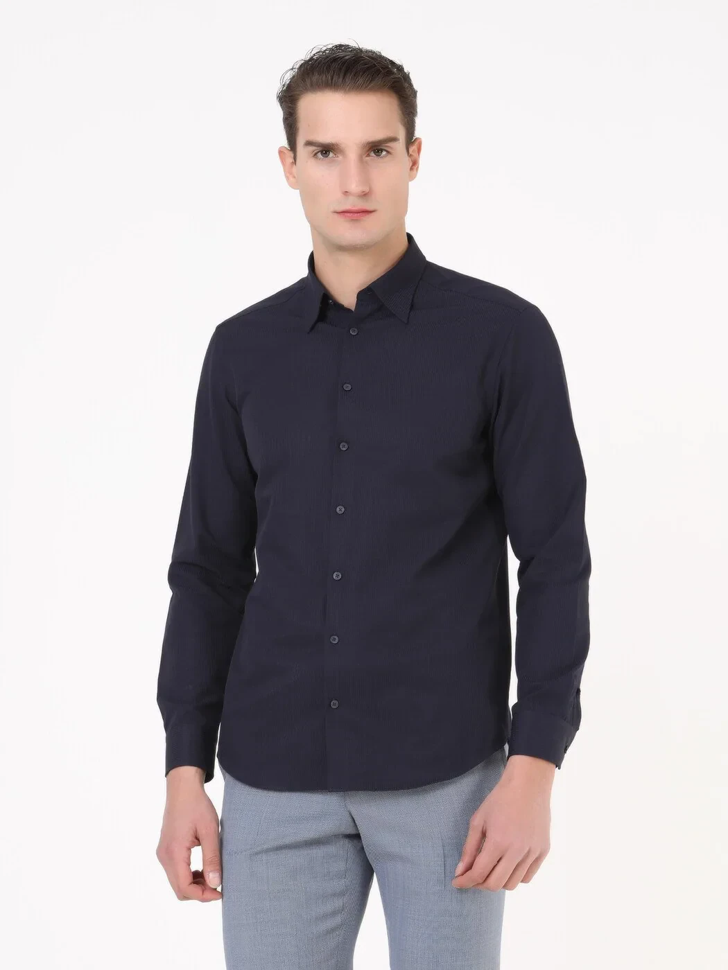 Navy Blue Striped Regular Fit Weaving Classical Cotton Blended Shirt - 1