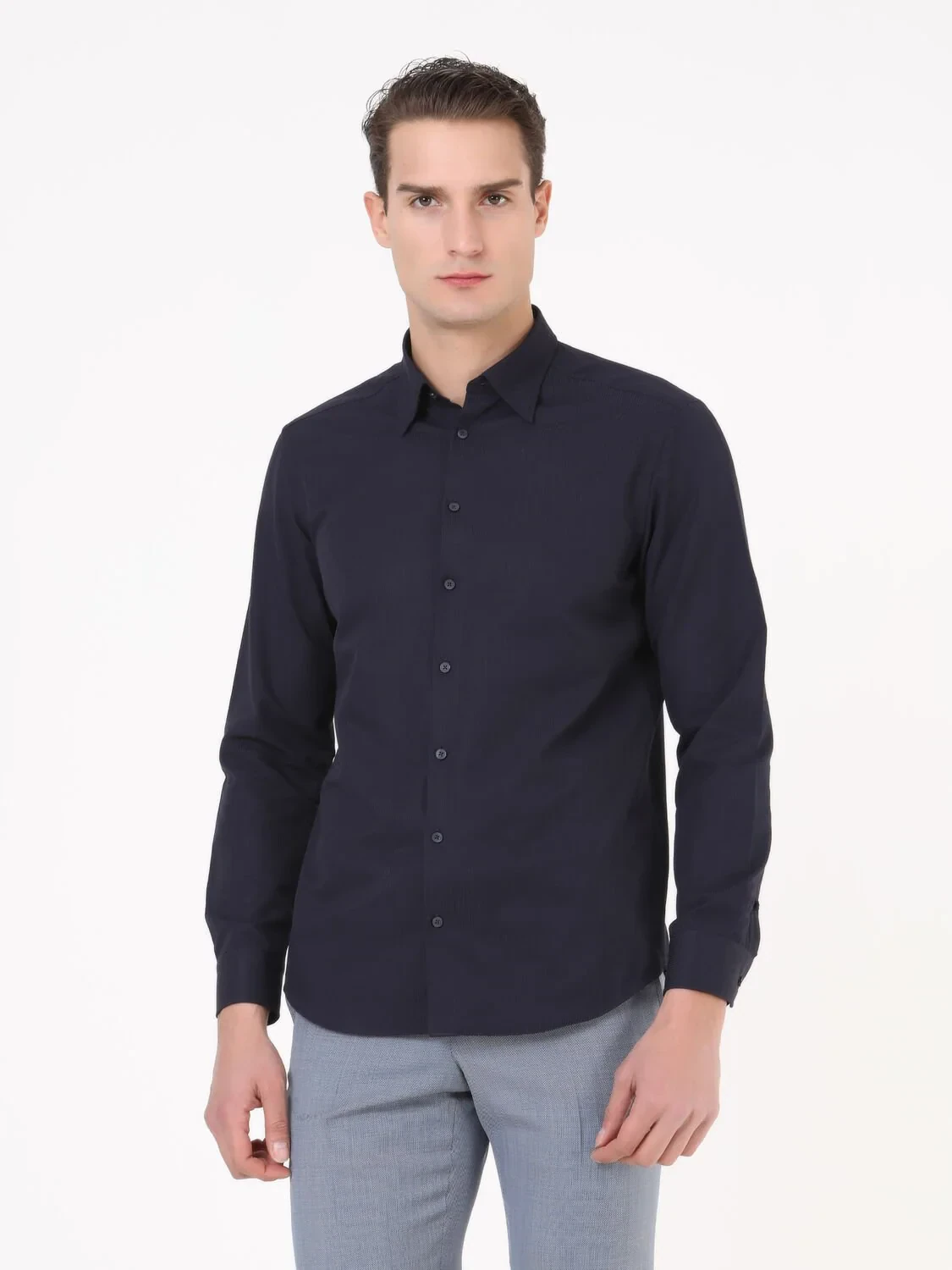 Navy Blue Striped Regular Fit Weaving Classical Cotton Blended Shirt - 1