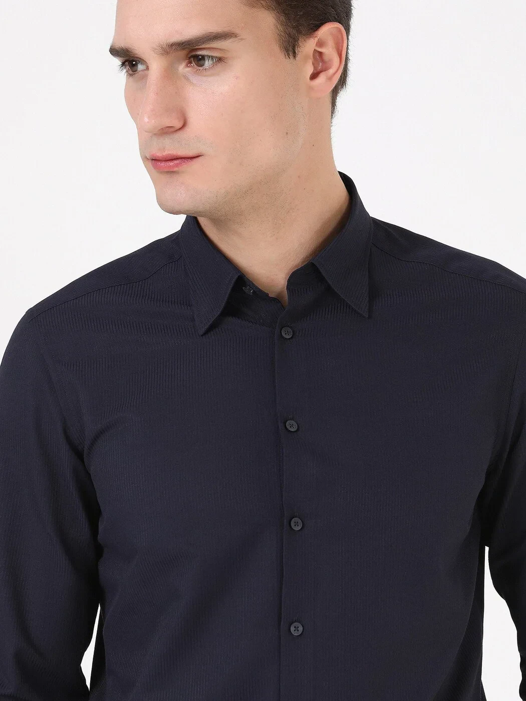 Navy Blue Striped Regular Fit Weaving Classical Cotton Blended Shirt - 2