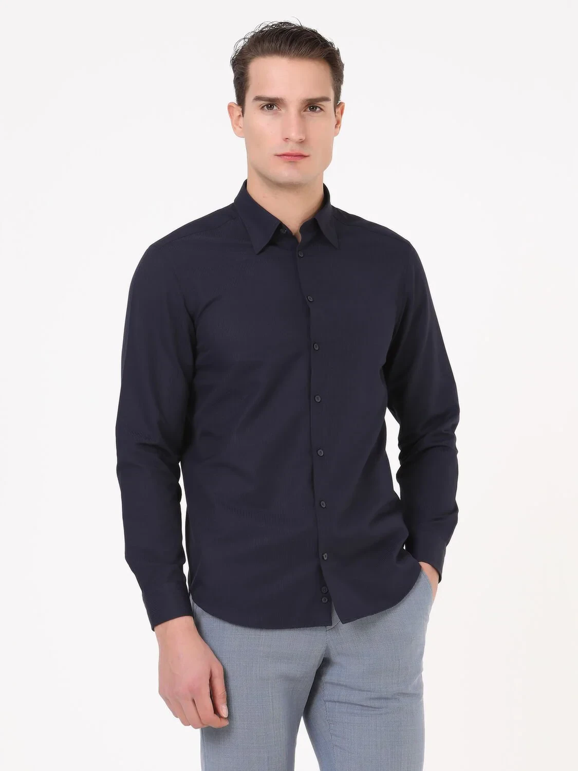 Navy Blue Striped Regular Fit Weaving Classical Cotton Blended Shirt - 3