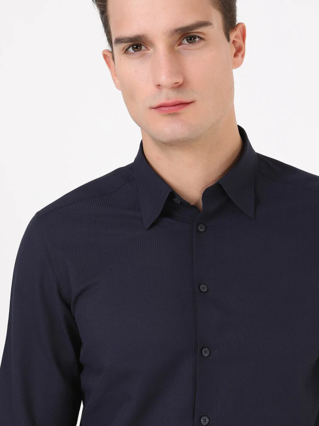 Navy Blue Striped Regular Fit Weaving Classical Cotton Blended Shirt - 4