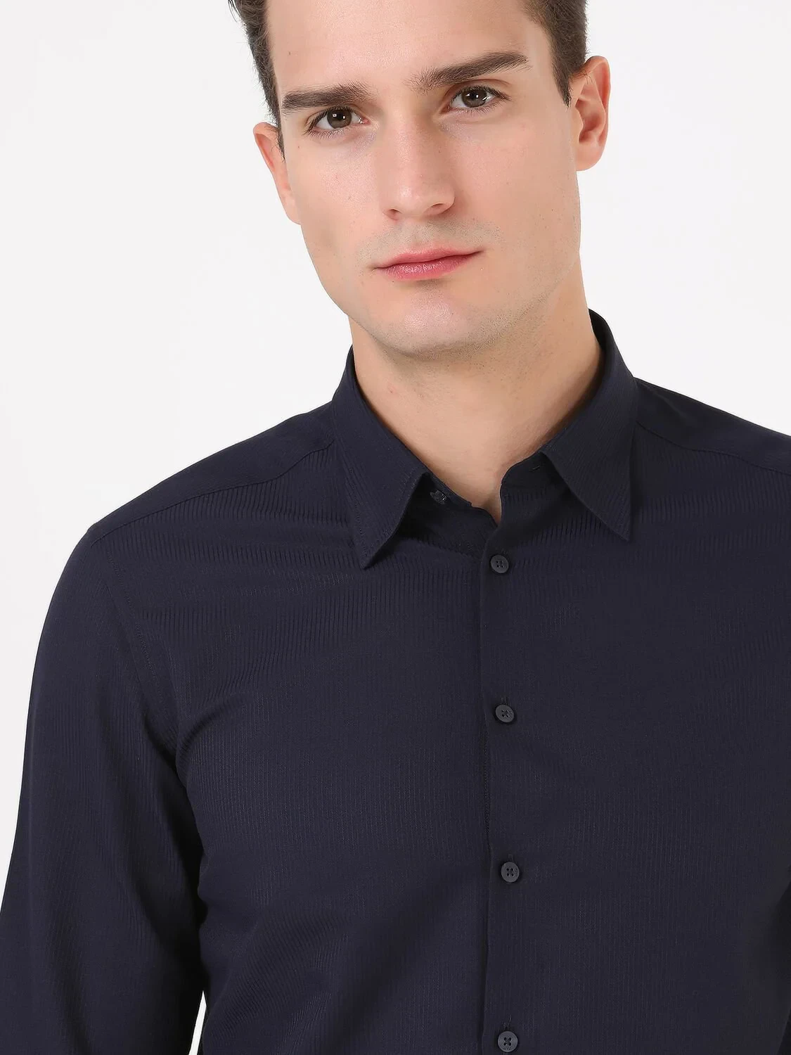 Navy Blue Striped Regular Fit Weaving Classical Cotton Blended Shirt - 4