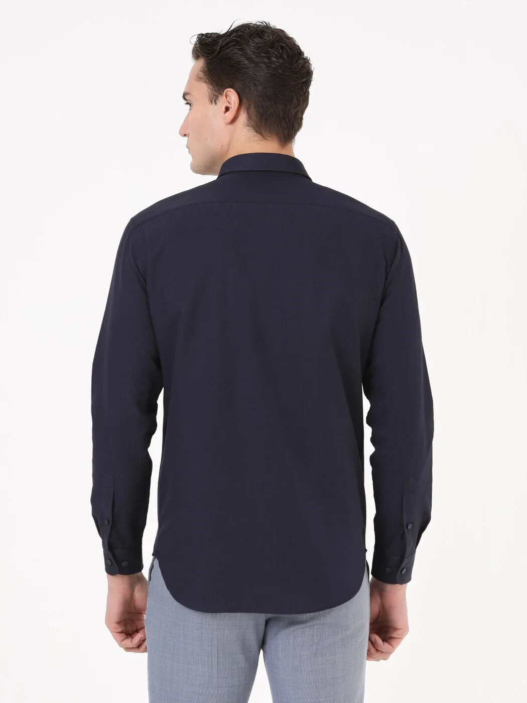 Navy Blue Striped Regular Fit Weaving Classical Cotton Blended Shirt - 5