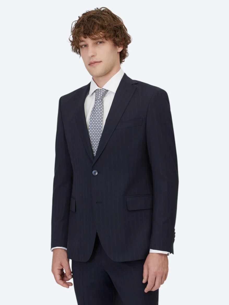 Navy Blue Striped Regular Fit Wool Blended Suit - 1