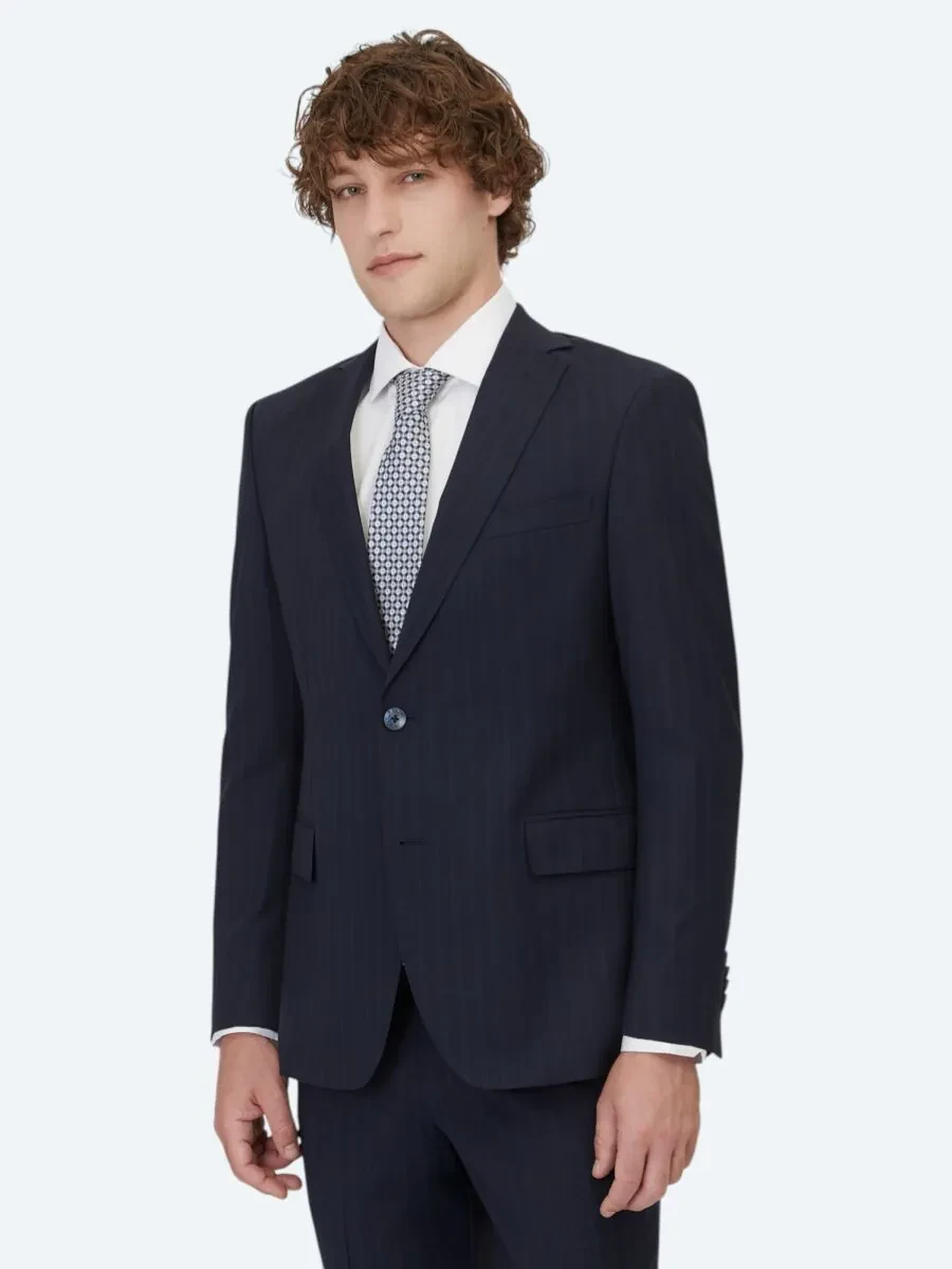 Navy Blue Striped Regular Fit Wool Blended Suit - 1