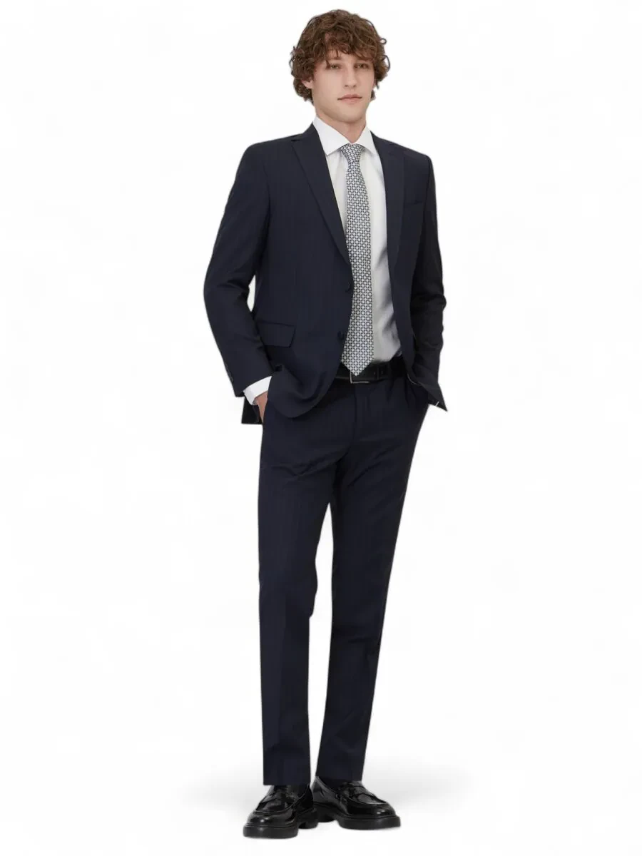 Navy Blue Striped Regular Fit Wool Blended Suit - 2
