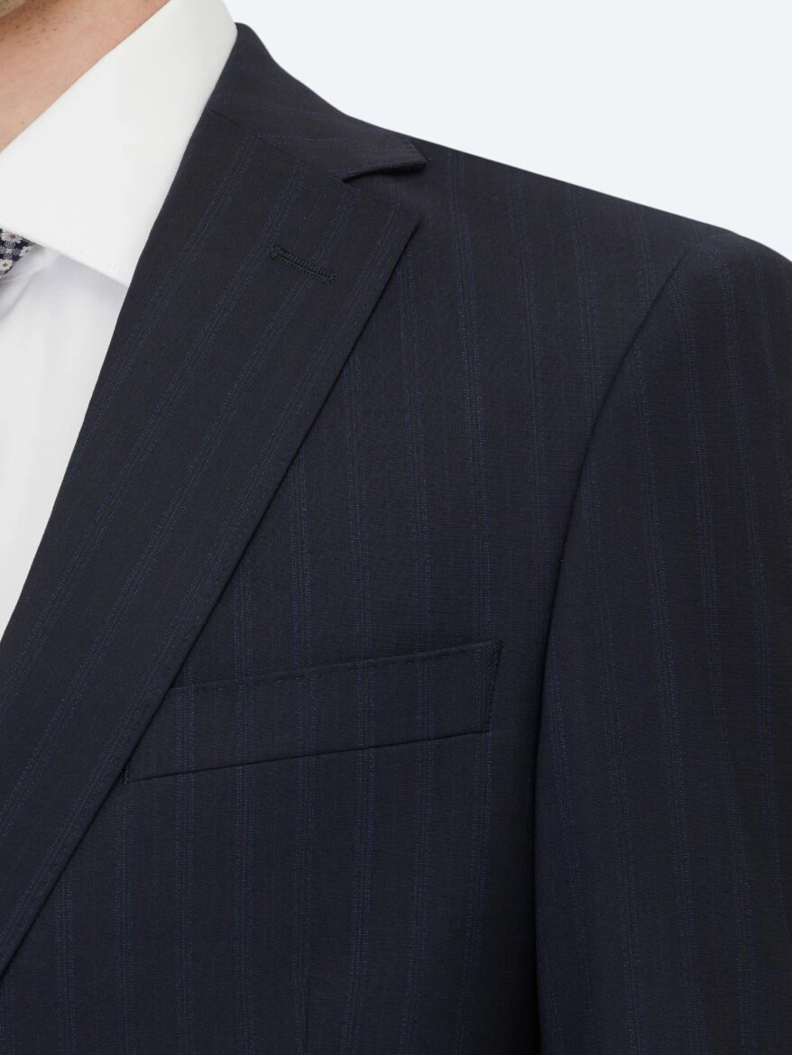 Navy Blue Striped Regular Fit Wool Blended Suit - 4