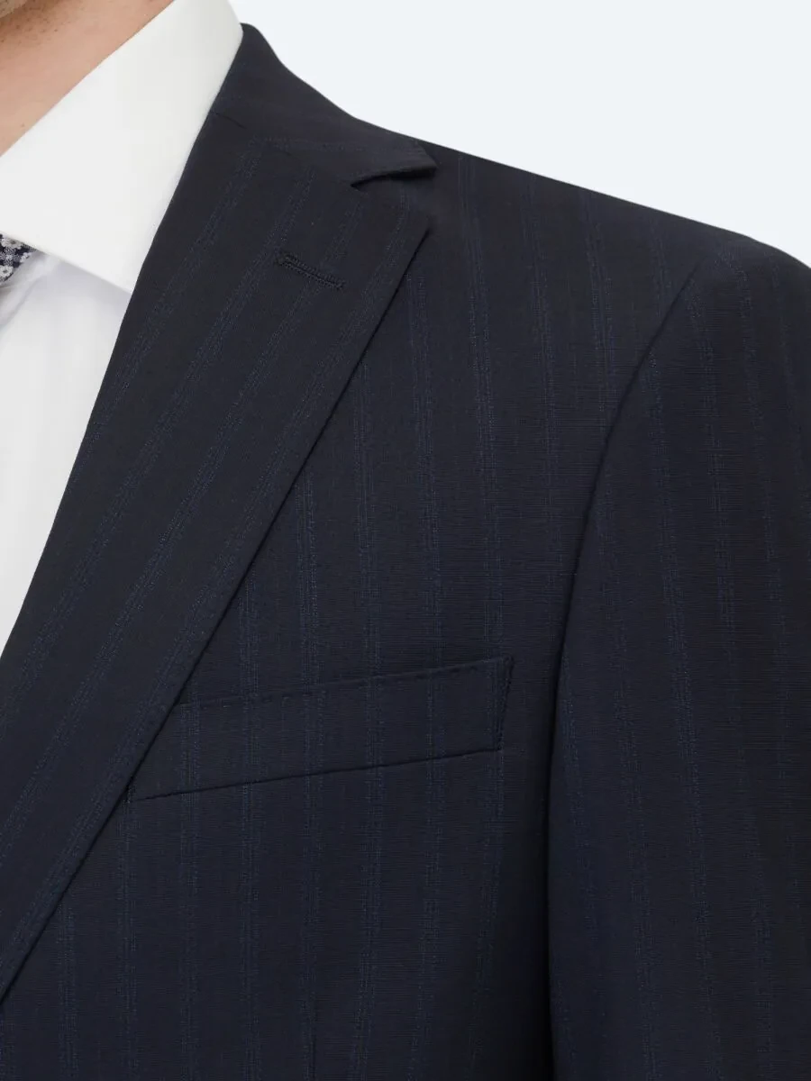 Navy Blue Striped Regular Fit Wool Blended Suit - 4