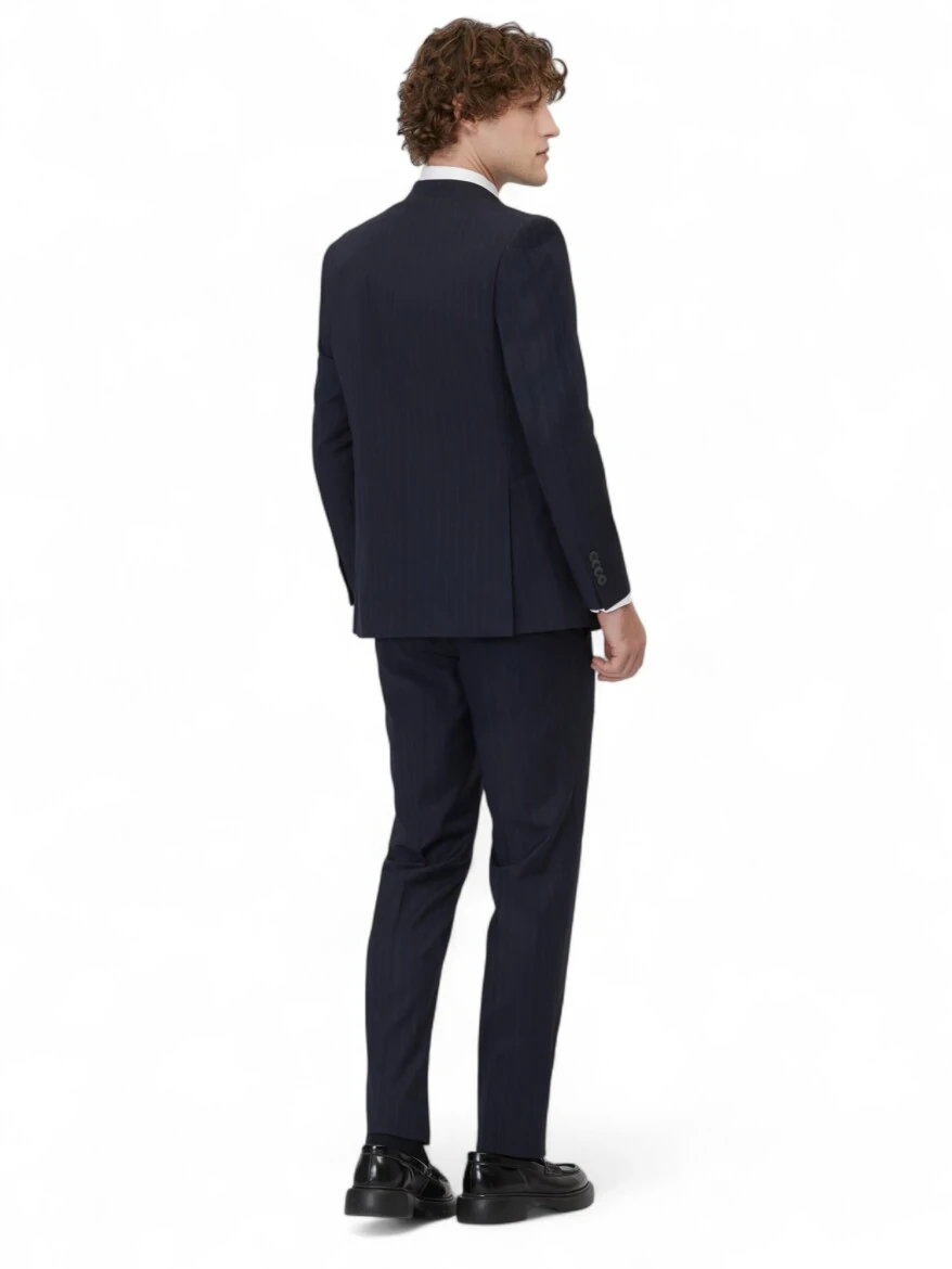 Navy Blue Striped Regular Fit Wool Blended Suit - 5