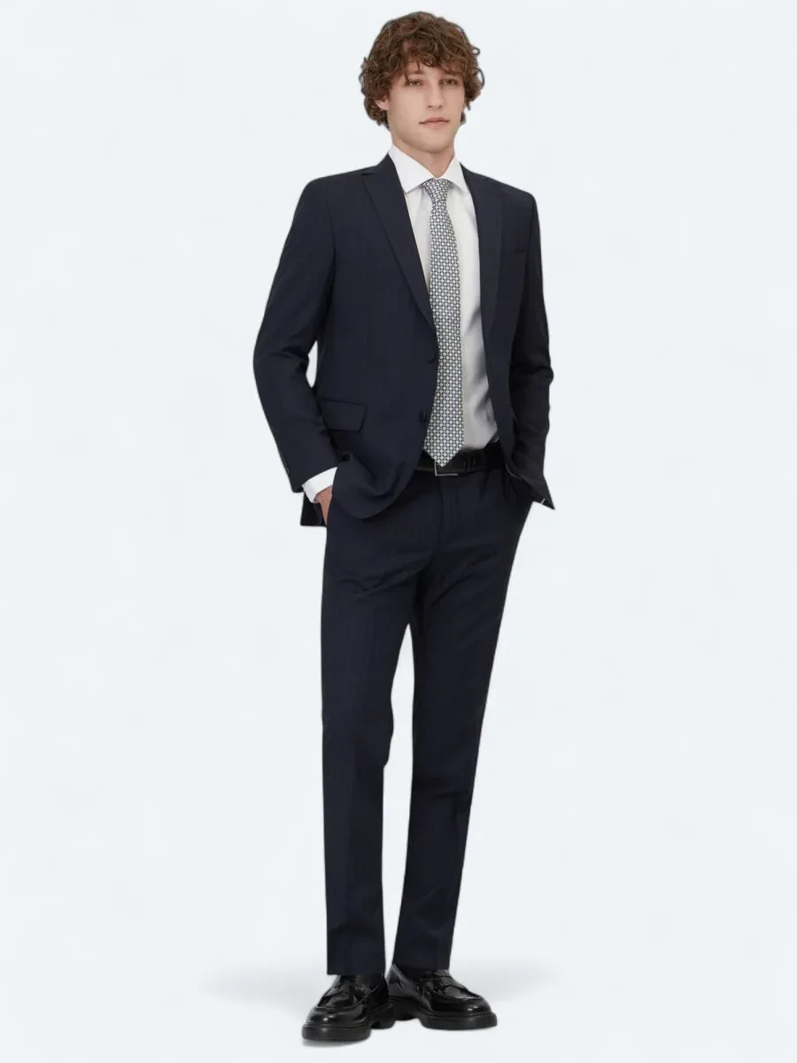 Navy Blue Striped Regular Fit Wool Blended Suit - 2