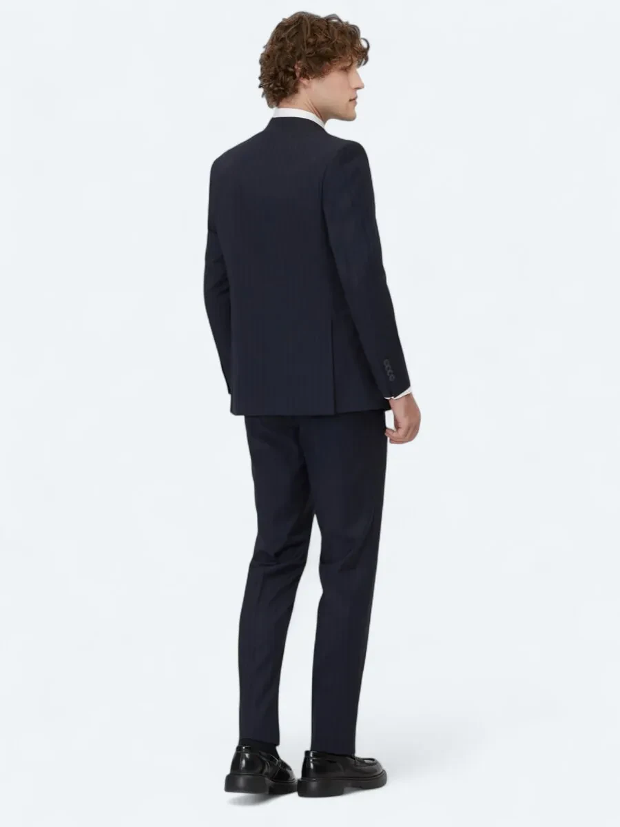 Navy Blue Striped Regular Fit Wool Blended Suit - 5