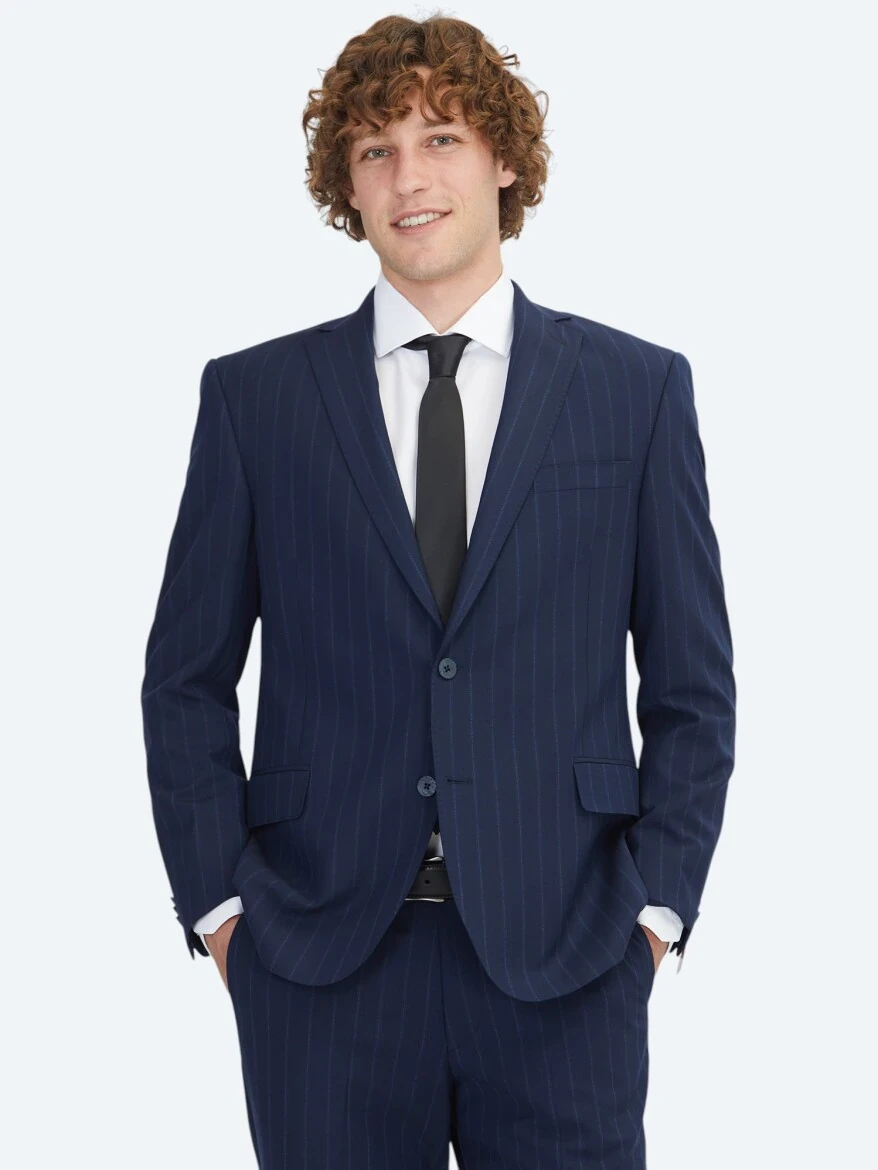 Navy Blue Striped Regular Fit Wool Blended Suit - 1