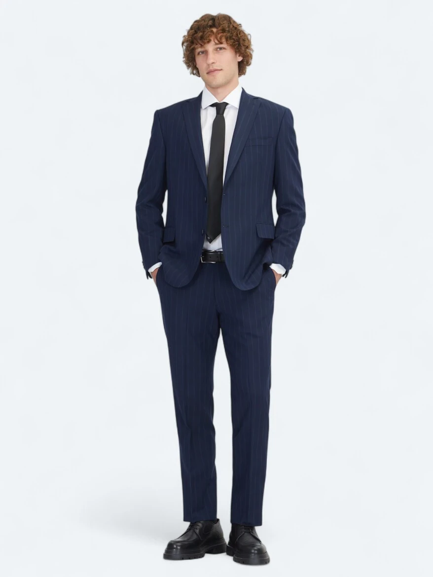 Navy Blue Striped Regular Fit Wool Blended Suit - 2
