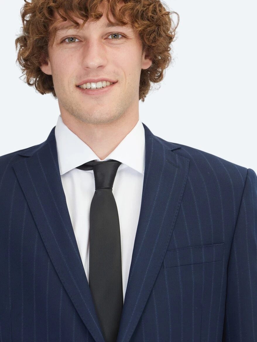 Navy Blue Striped Regular Fit Wool Blended Suit - 3