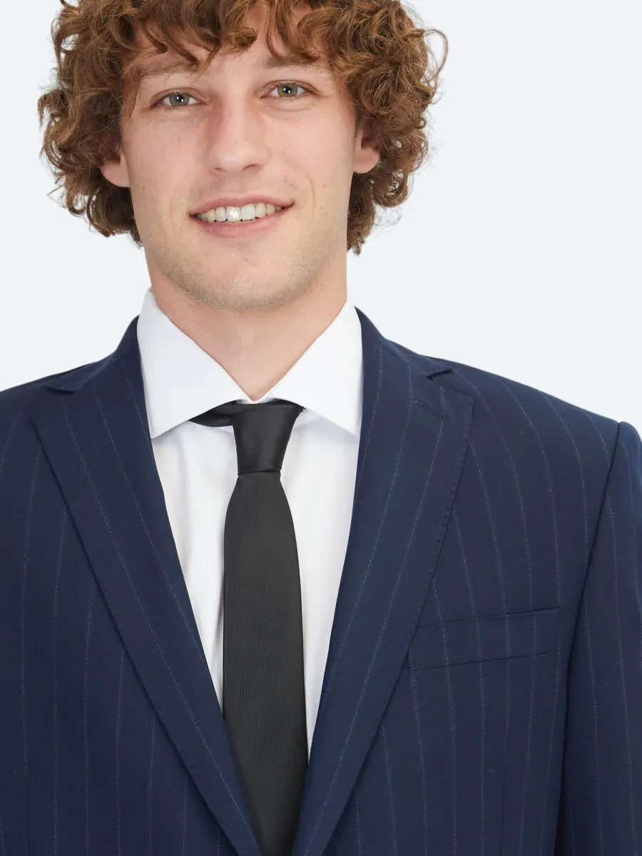 Navy Blue Striped Regular Fit Wool Blended Suit - 3