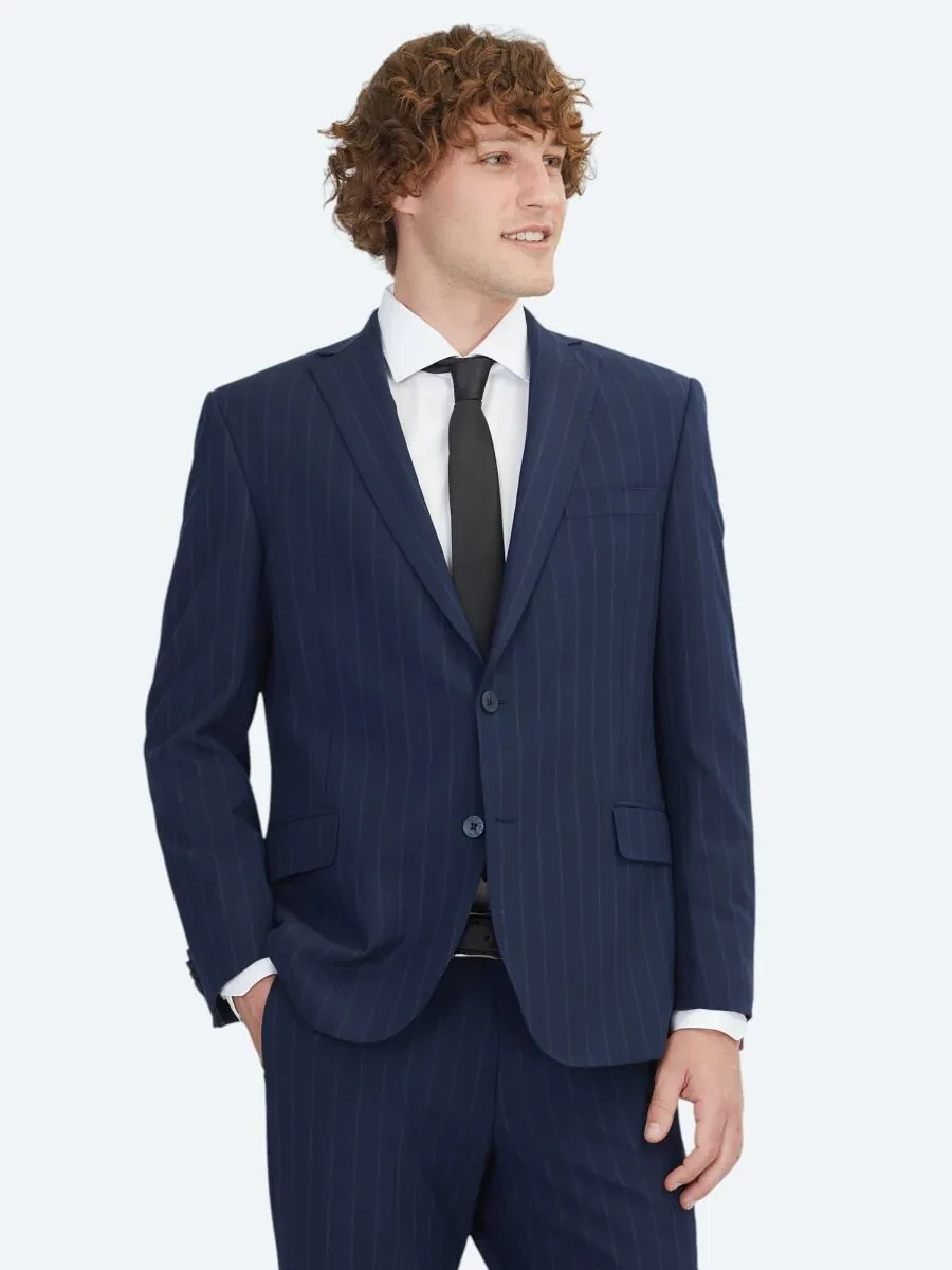 Navy Blue Striped Regular Fit Wool Blended Suit - 4