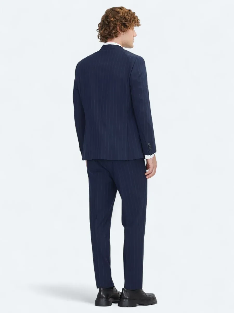 Navy Blue Striped Regular Fit Wool Blended Suit - 5