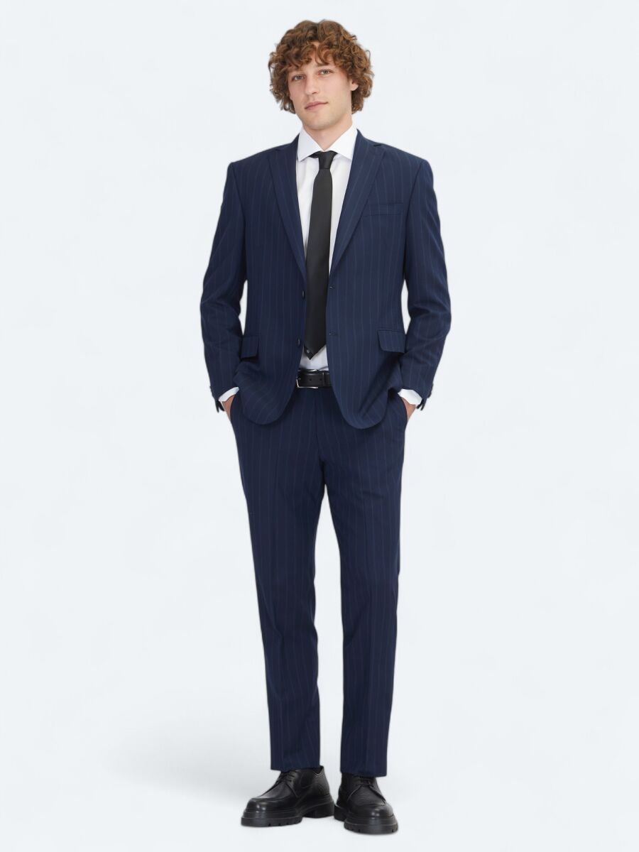 Navy Blue Striped Regular Fit Wool Blended Suit - 2