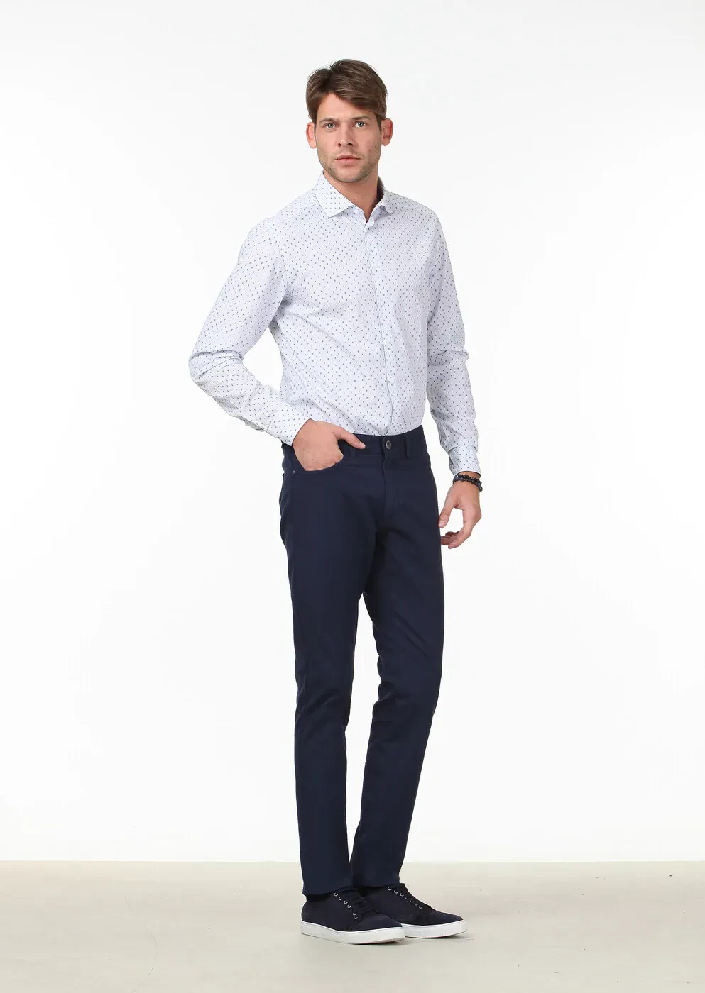 Navy Blue Striped Weaving Casual 100% Cotton Shirt - 2
