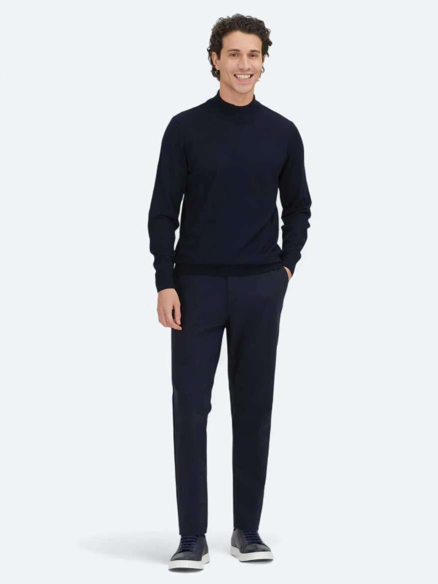 Navy Blue Technical Casual Cotton Blended Trousers - 1