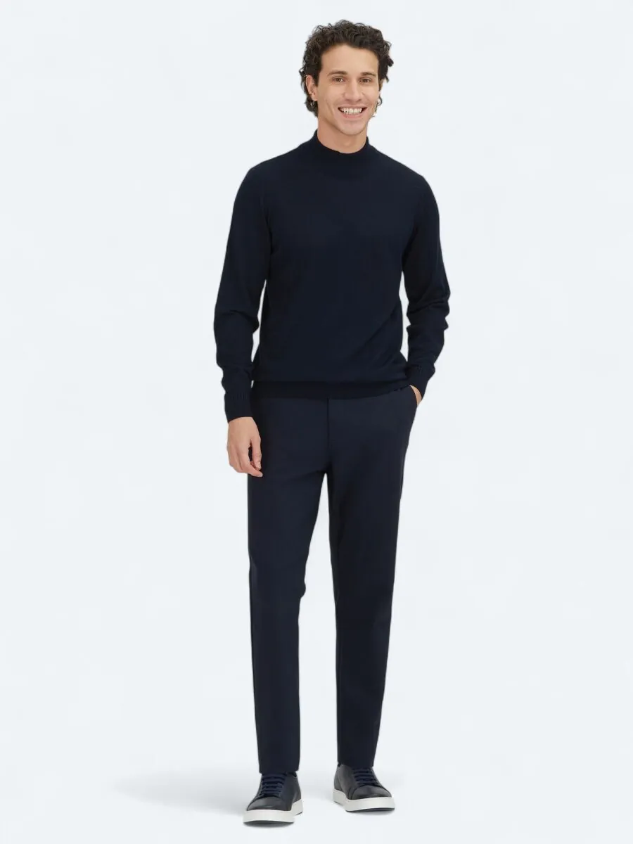 Navy Blue Technical Casual Cotton Blended Trousers - 1