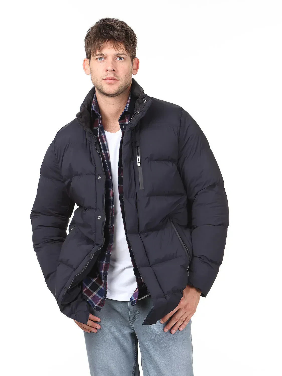 Navy Blue Turtleneck Casual Weaving Coat - 1
