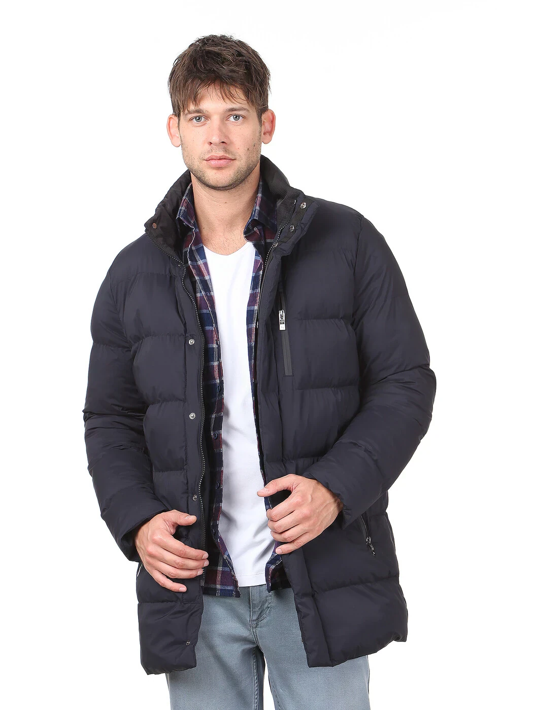 Navy Blue Turtleneck Casual Weaving Coat - 3
