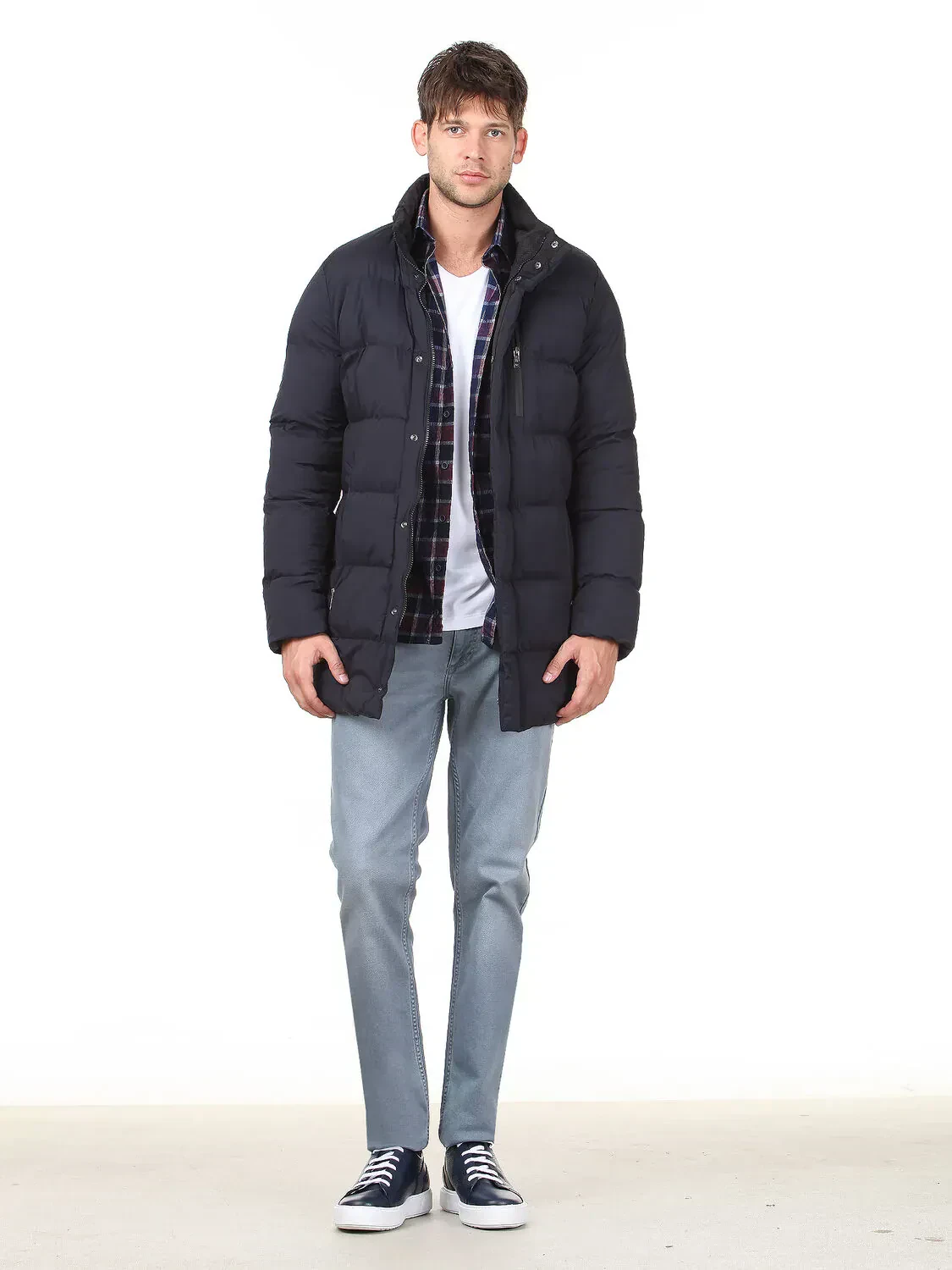 Navy Blue Turtleneck Casual Weaving Coat - 4