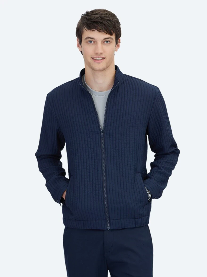Navy Blue Turtleneck Casual Weaving Coat - 1