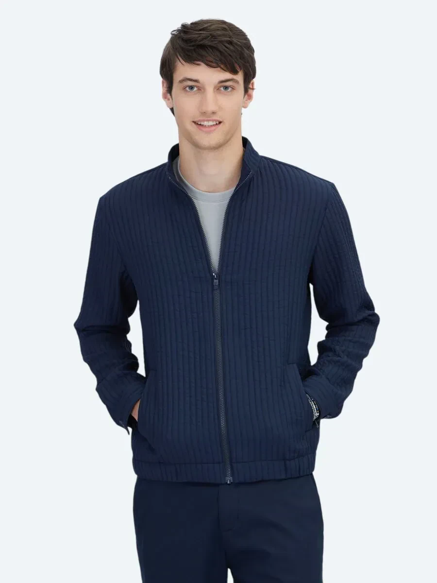 Navy Blue Turtleneck Casual Weaving Coat - 1