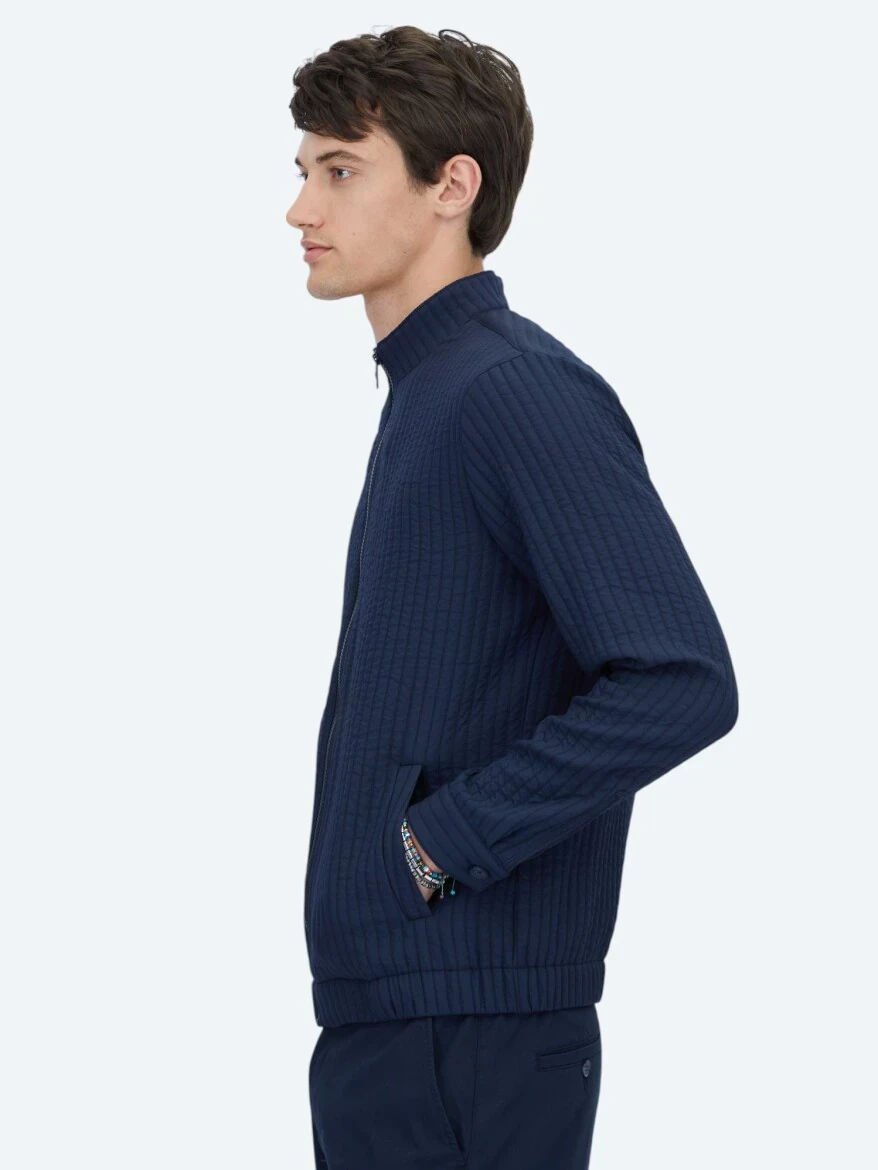 Navy Blue Turtleneck Casual Weaving Coat - 3