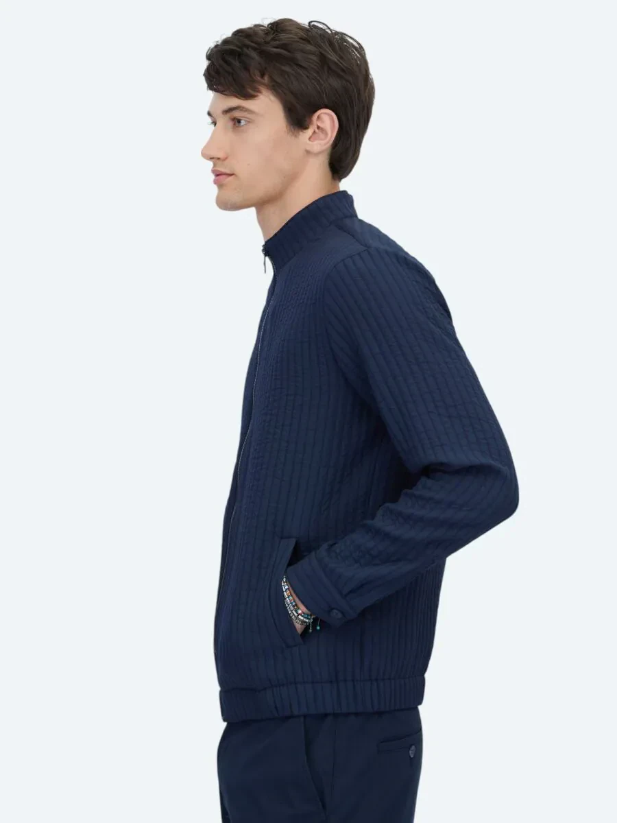 Navy Blue Turtleneck Casual Weaving Coat - 3