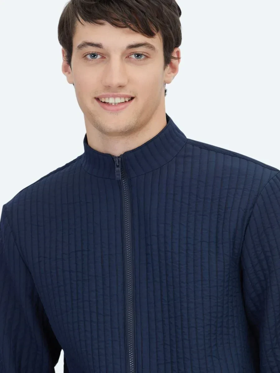 Navy Blue Turtleneck Casual Weaving Coat - 4