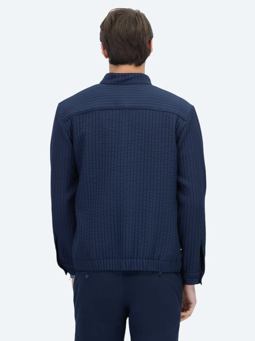 Navy Blue Turtleneck Casual Weaving Coat - 5