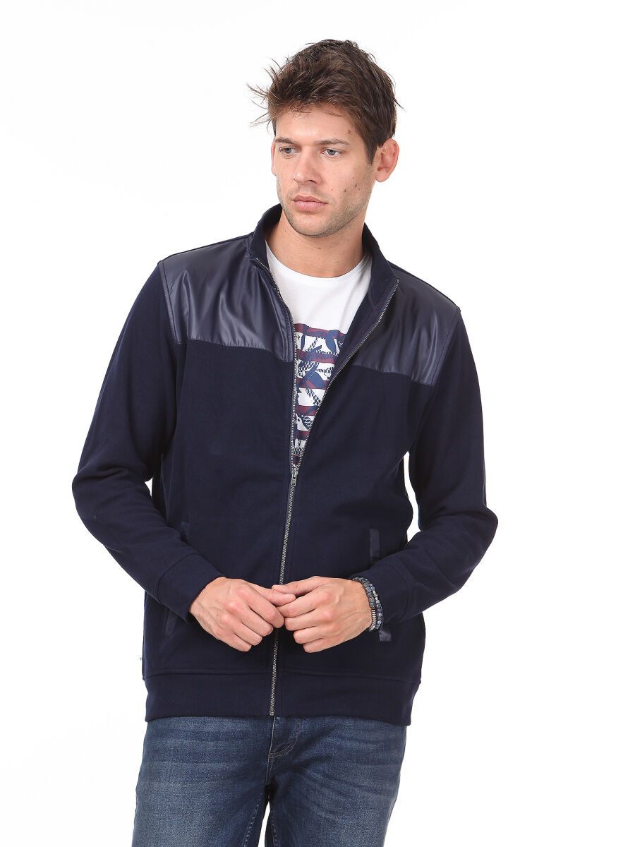Navy Blue Turtleneck Plain Sweatshirt - 1