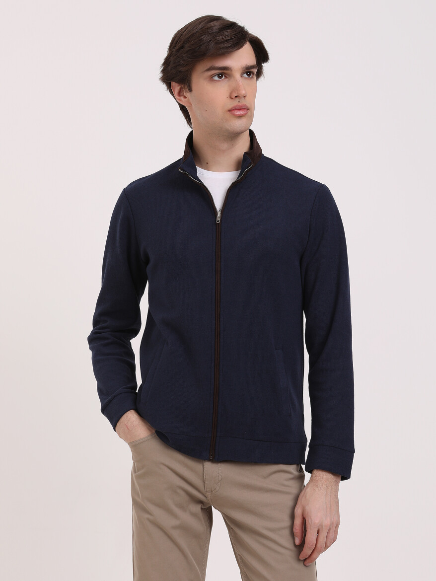 Navy Blue Turtleneck Plain Sweatshirt - 1