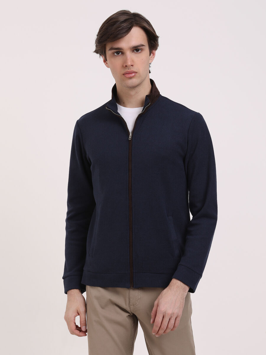 Navy Blue Turtleneck Plain Sweatshirt - 2