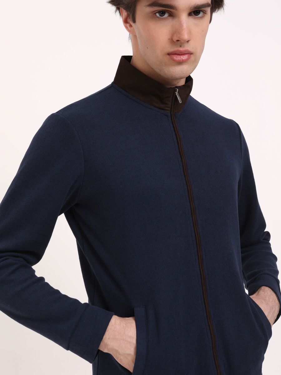 Navy Blue Turtleneck Plain Sweatshirt - 3