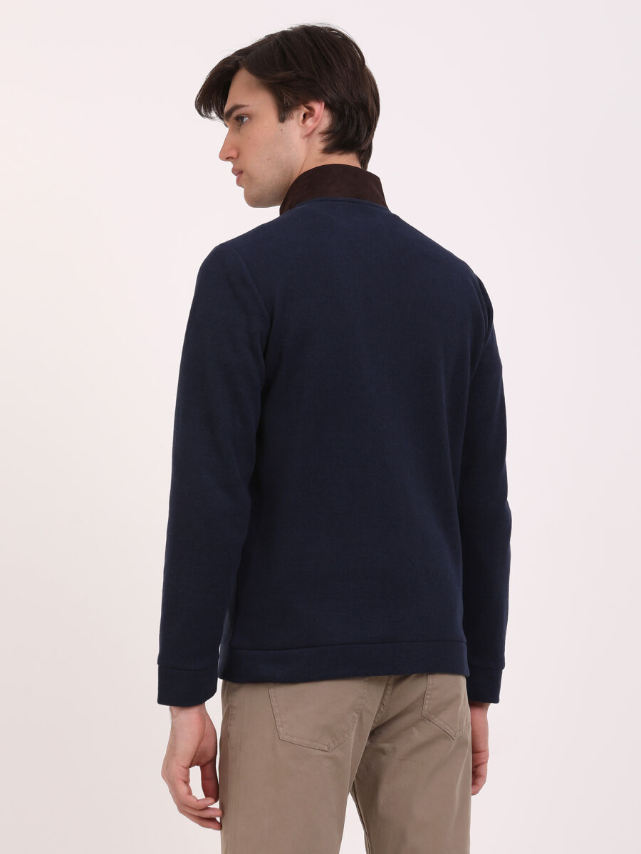 Navy Blue Turtleneck Plain Sweatshirt - 4