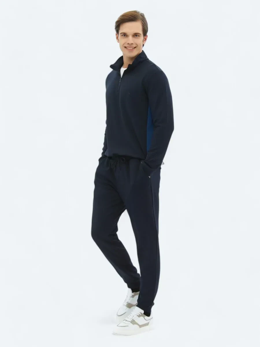 Navy Blue Turtleneck Plain Sweatshirt - 3